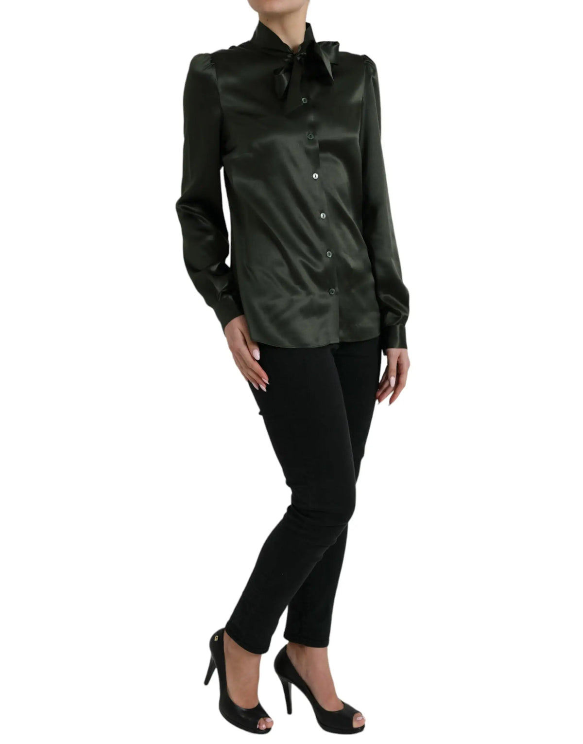 Blouse noire en satin dolce & gabbana avec nœud au col, manches longues et col ascot gris