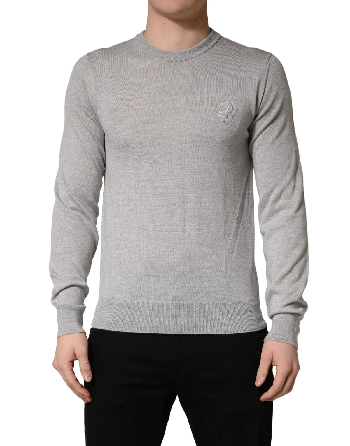 Pull à manches longues gris heather dolce & gabbana avec col rond et logo brodé subtil sur la poitrine gauche