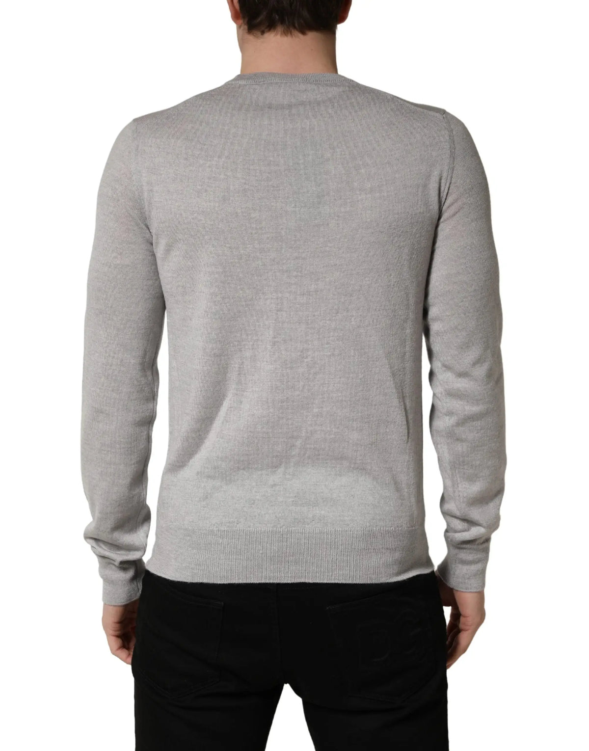 Pull à col rond dolce & gabbana gris pour homme en maille fine avec manches longues et poignets côtelés