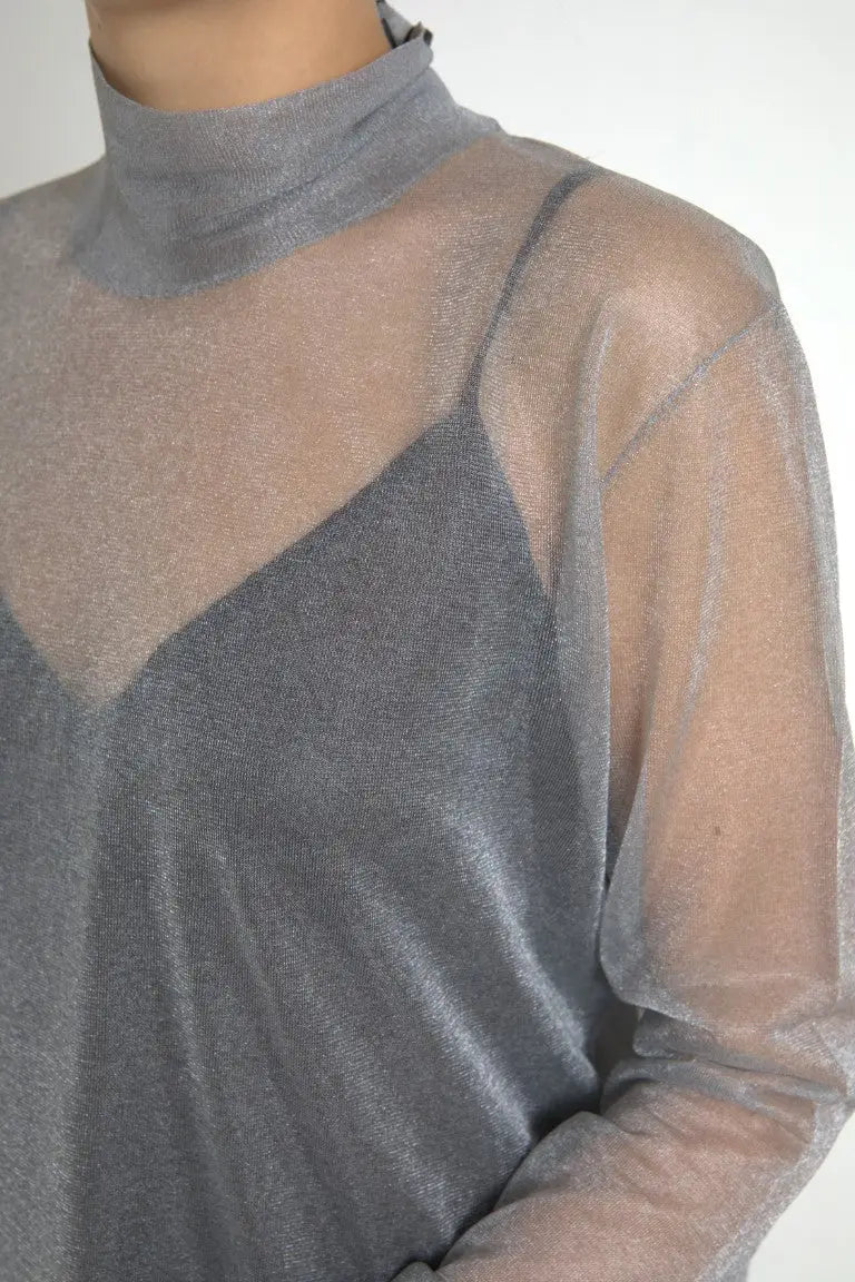 Dolce & gabbana gris blouse top à manches longues en tulle transparent avec col montant et panneaux en tissu opaque