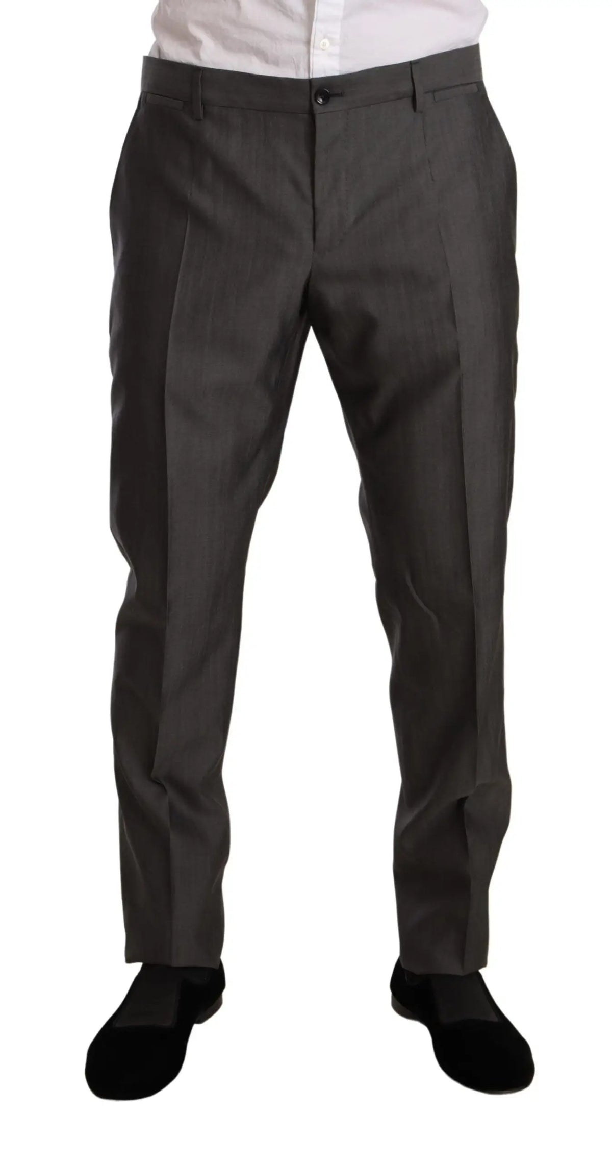 Pantalon formel gris foncé dolce & gabbana martini slim fit en tissu métallique avec plis subtils devant