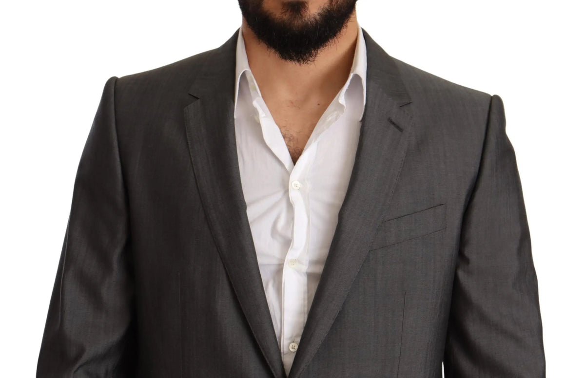 Blazer gris foncé en laine texturée dolce & gabbana avec revers crantés et poche poitrine unique martini slim fit