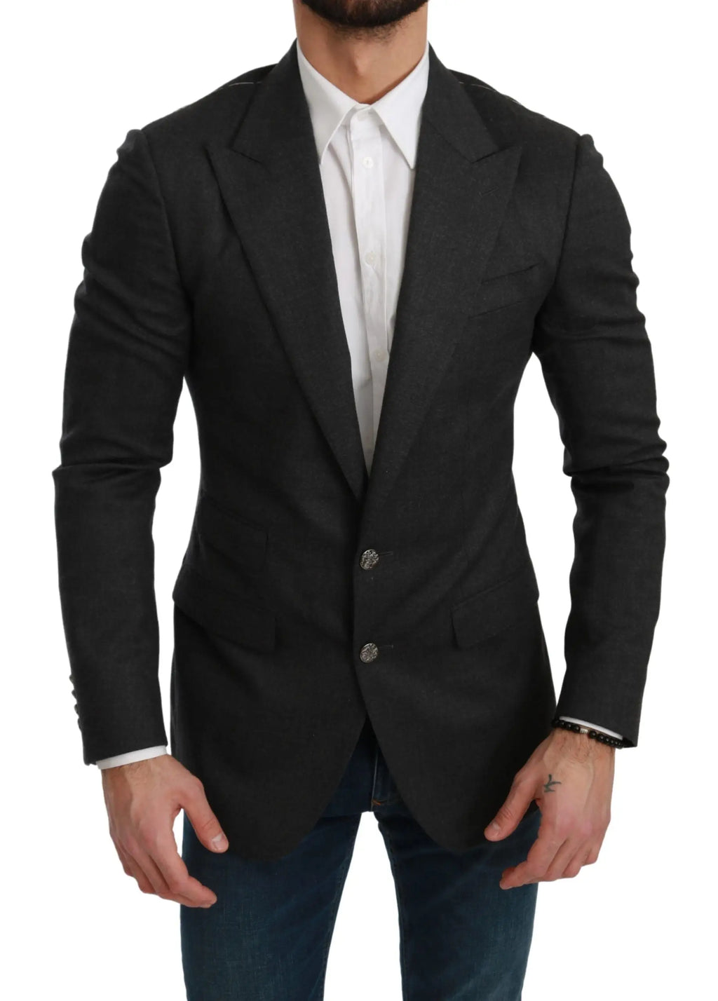 Blazer dolce & gabbana noir en laine avec texture subtile et boutons argentés gris napoli coupe slim