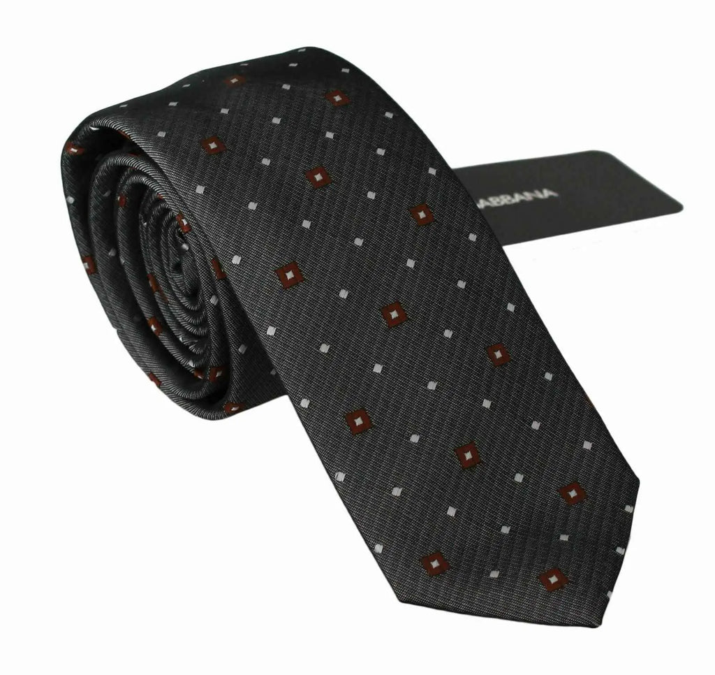 Cravate slim classique pour homme dolce gabbana en soie grise avec motif discret de petits carrés marron et blanc