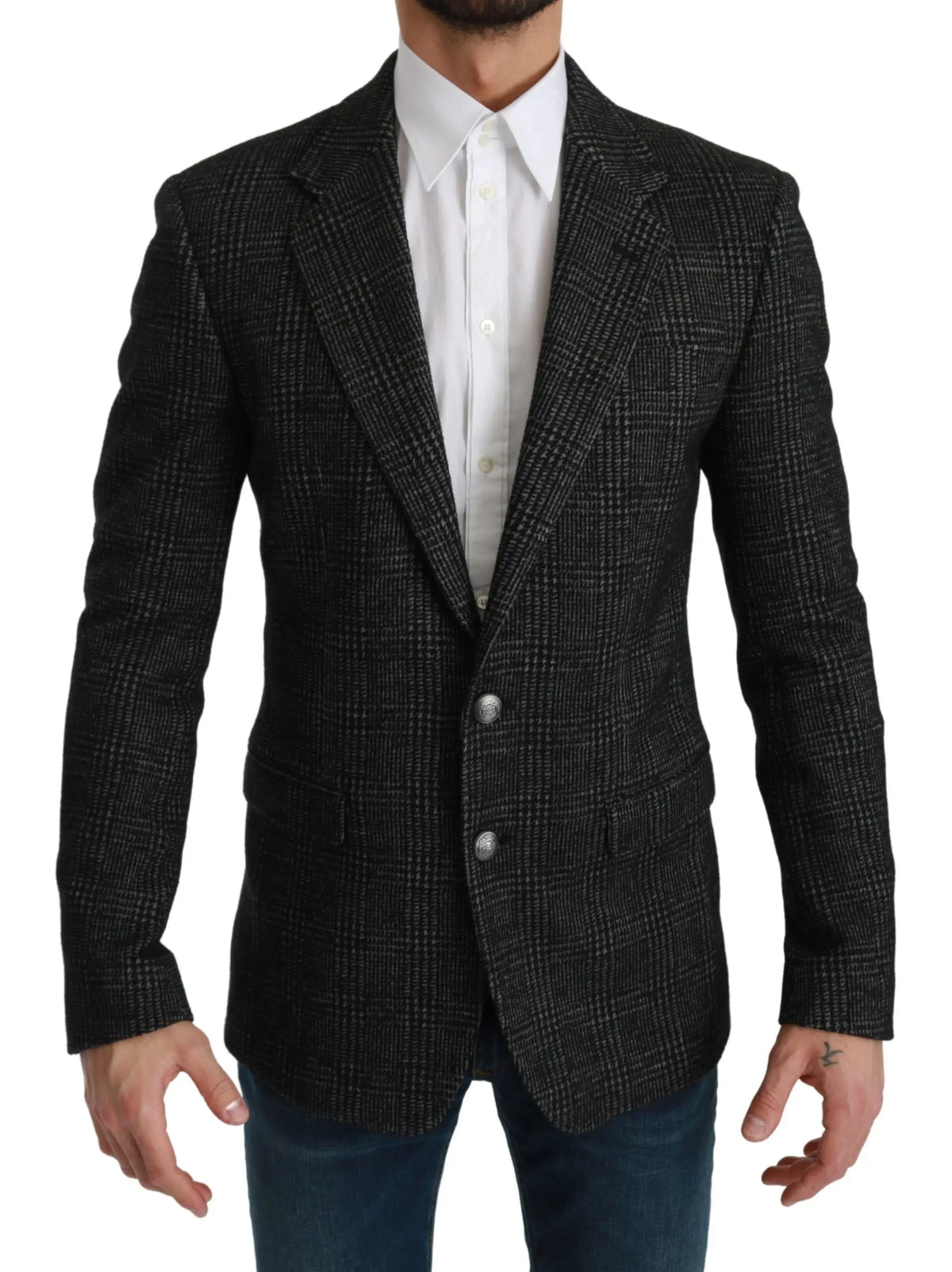 Dolce & gabbana blazer slim fit en laine à carreaux gris noir avec boutons argentés