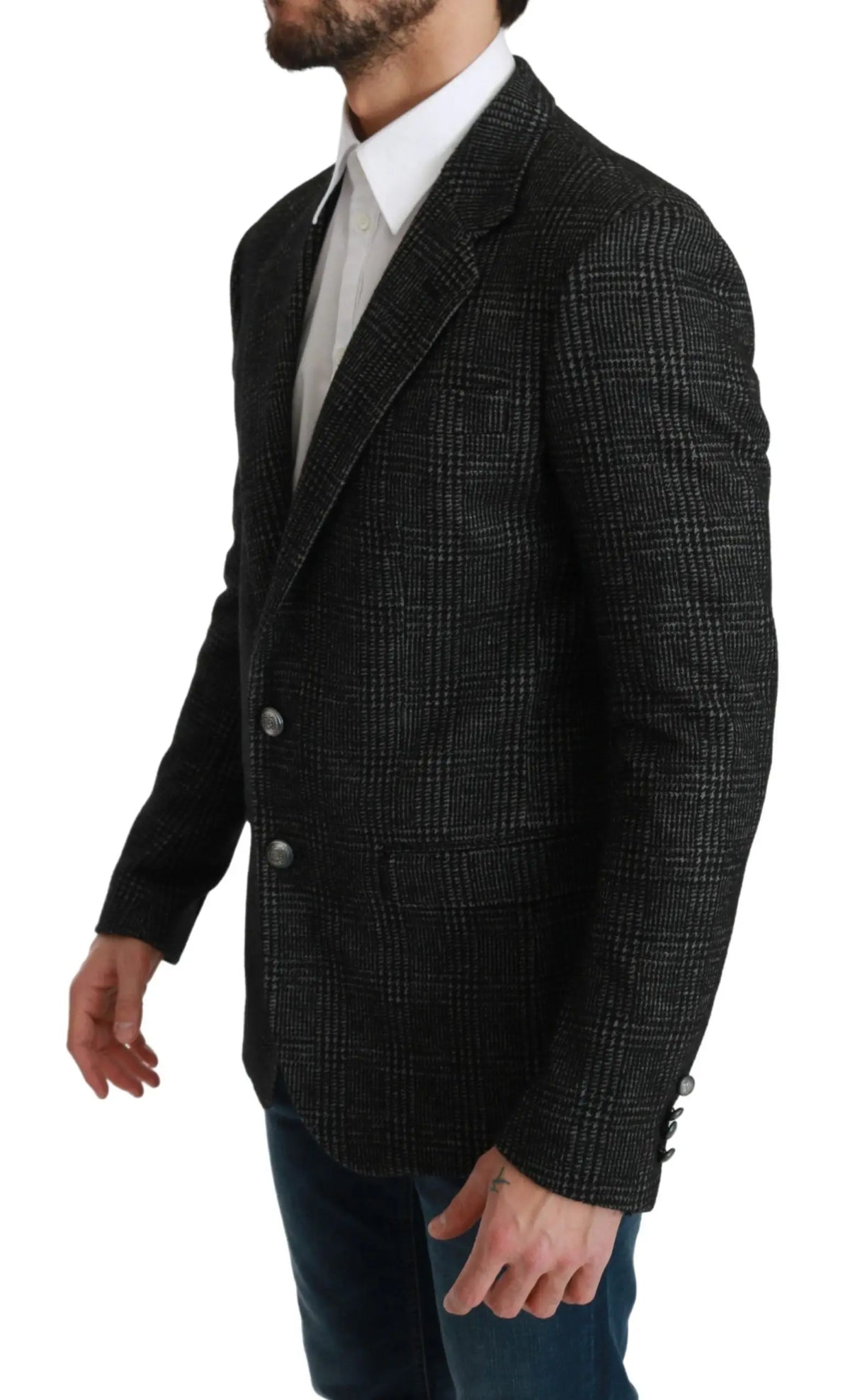 Dolce & Gabbana blazer en laine gris à carreaux sombres avec boutons argentés coupe slim