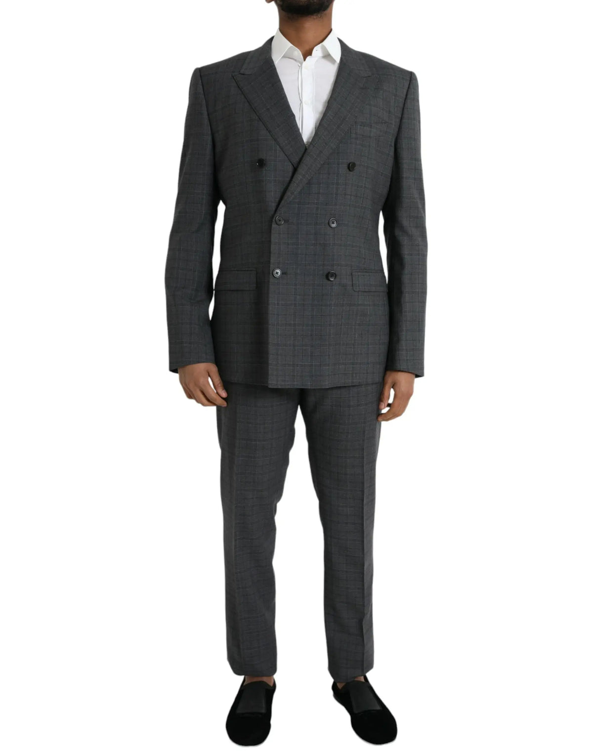 Costume formel deux pièces dolce & gabbana gris avec motif à carreaux en laine et veste croisée double boutonnage