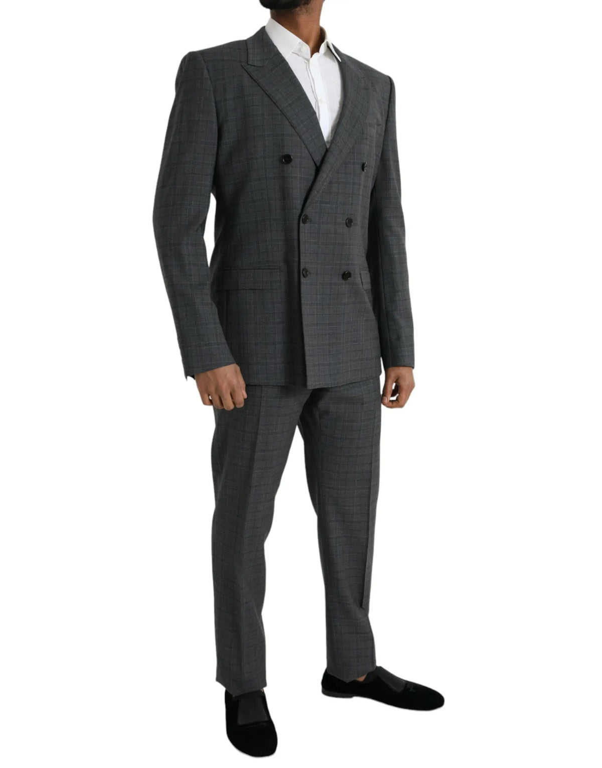 Costume deux pièces dolce & gabbana en laine grise à carreaux avec boutons noirs et pantalon assorti formel martini