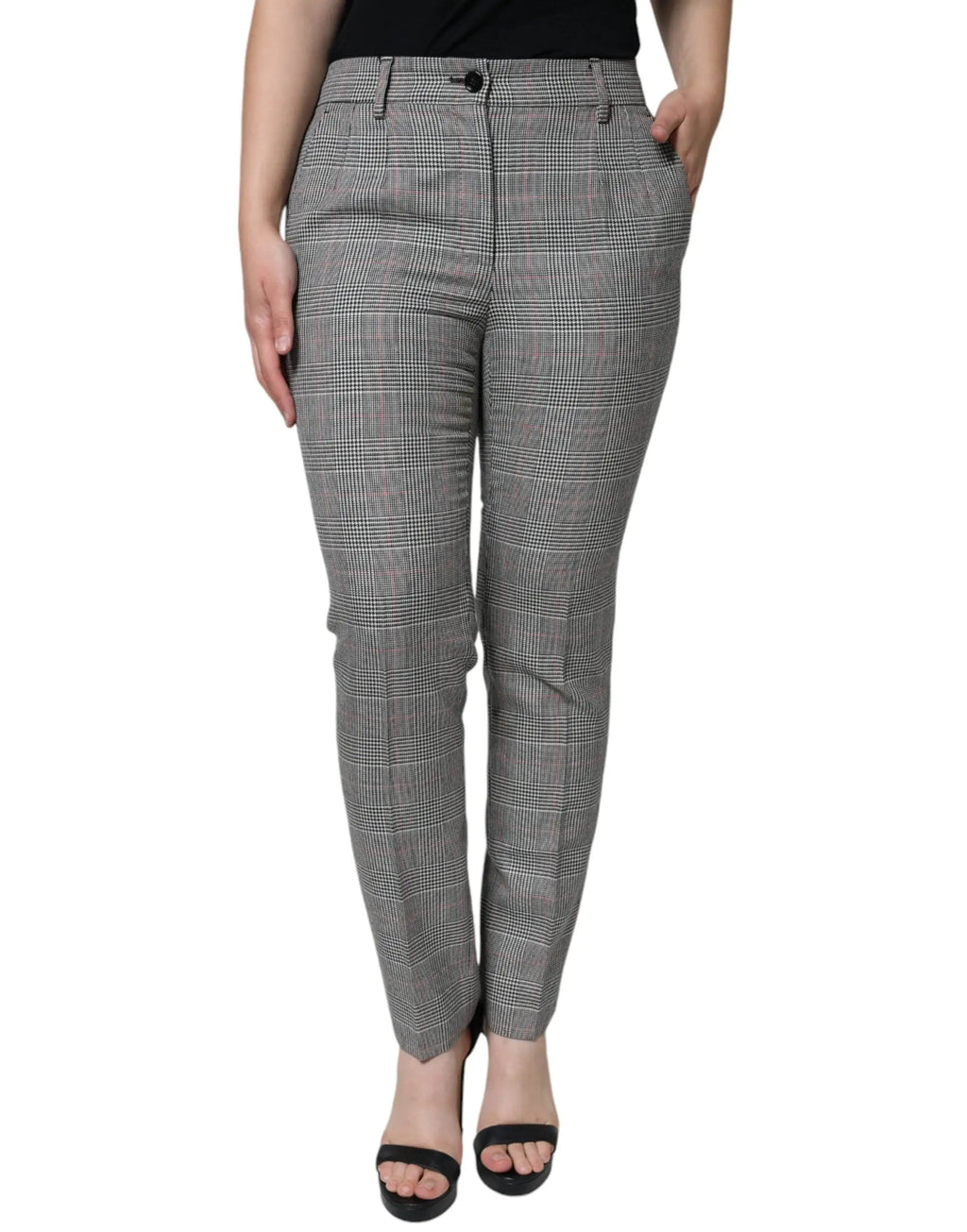 Pantalon femme dolce & gabbana gris à carreaux en laine taille moyenne coupe fuselée avec fermeture à boutons