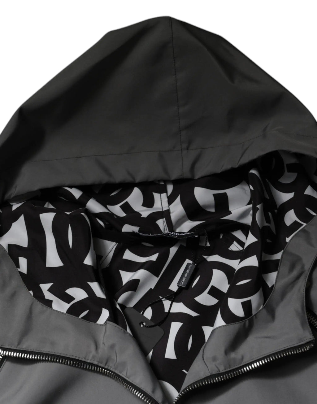 Dolce & gabbana veste à capuche grise en polyester pour homme avec doublure intérieure à motif logo abstrait noir et blanc
