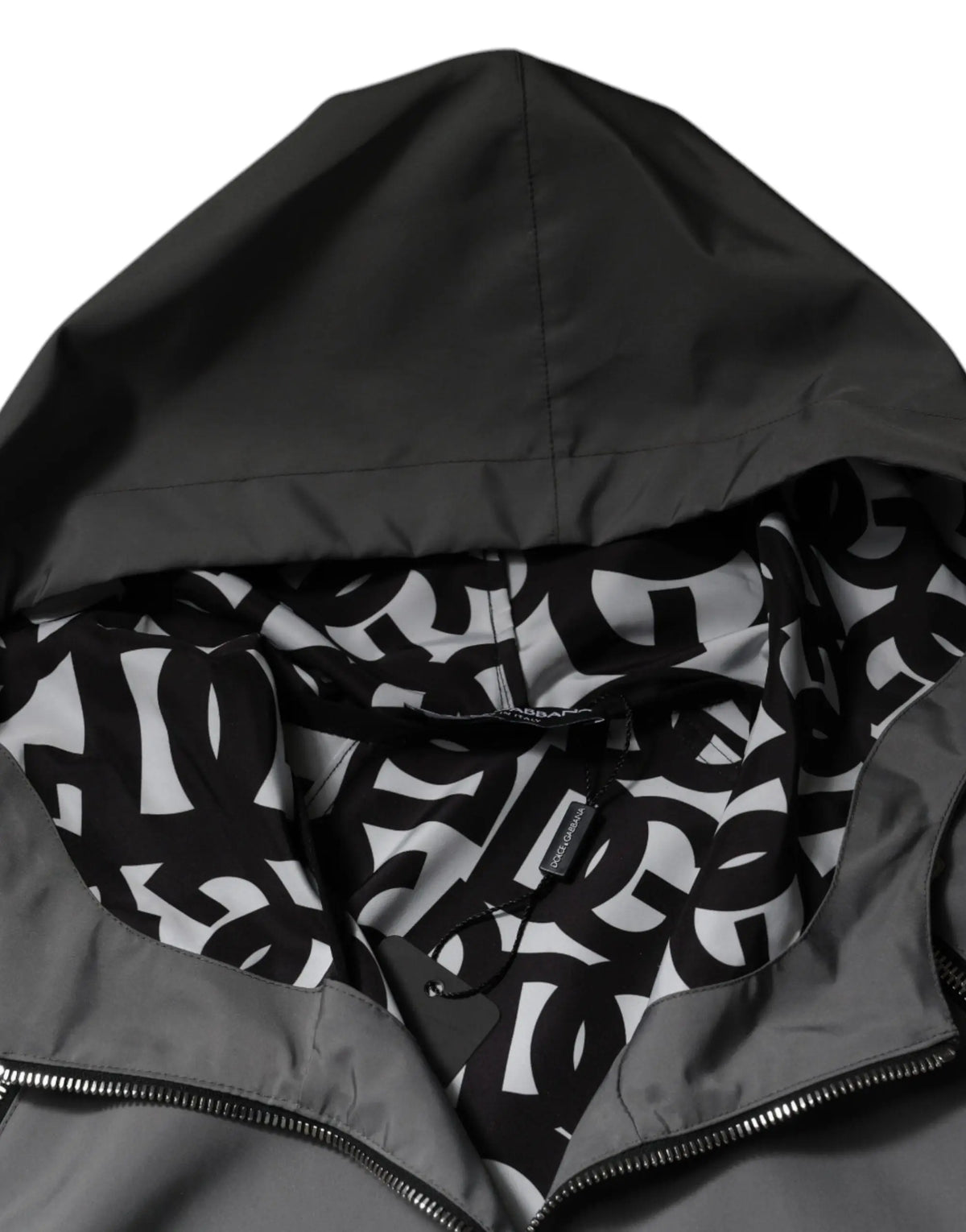 Dolce & gabbana veste à capuche grise en polyester pour homme avec doublure intérieure à motif logo abstrait noir et blanc