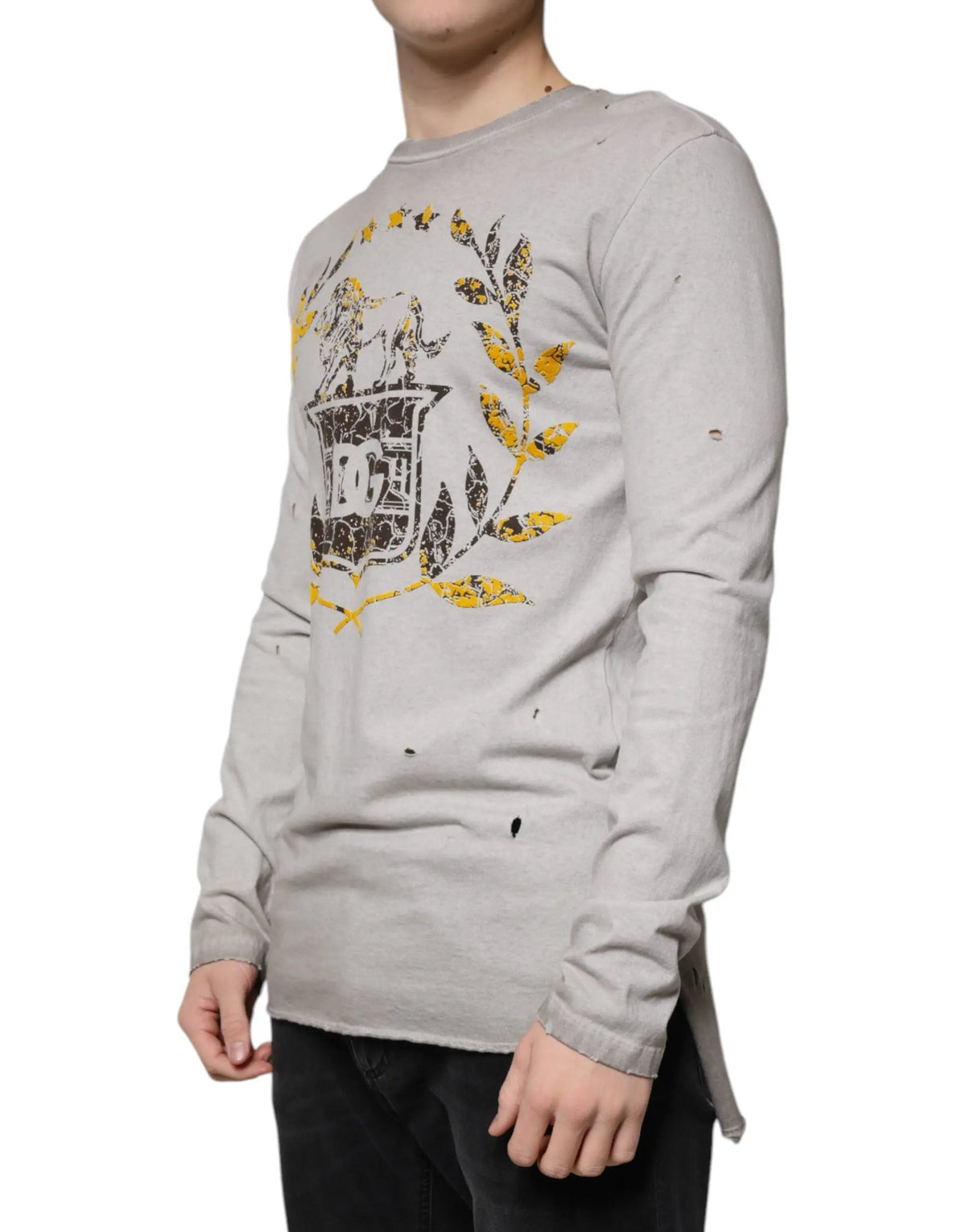 Pull gris dolce & gabbana en coton avec imprimé vieilli de blason et guirlande feuille jaune manches longues