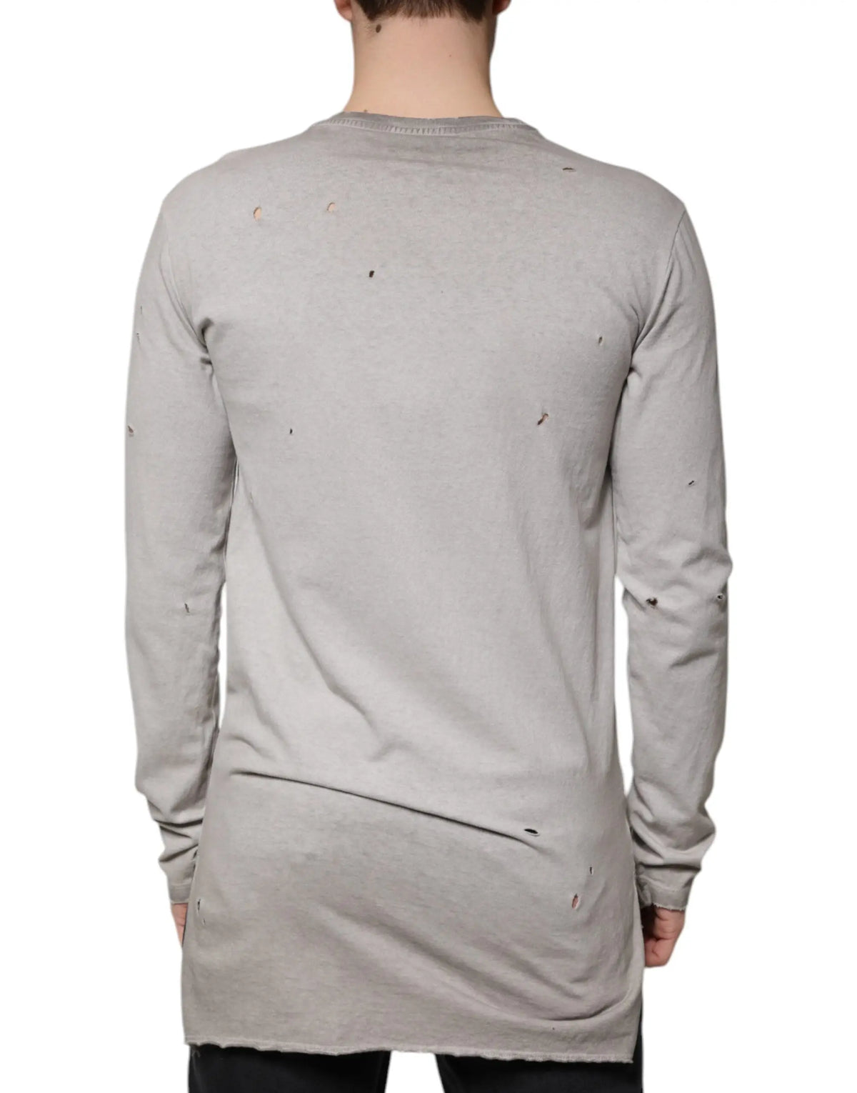 Dolce & gabbana pull coton gris à col rond avec manches longues et ourlet asymétrique usé intentionnellement