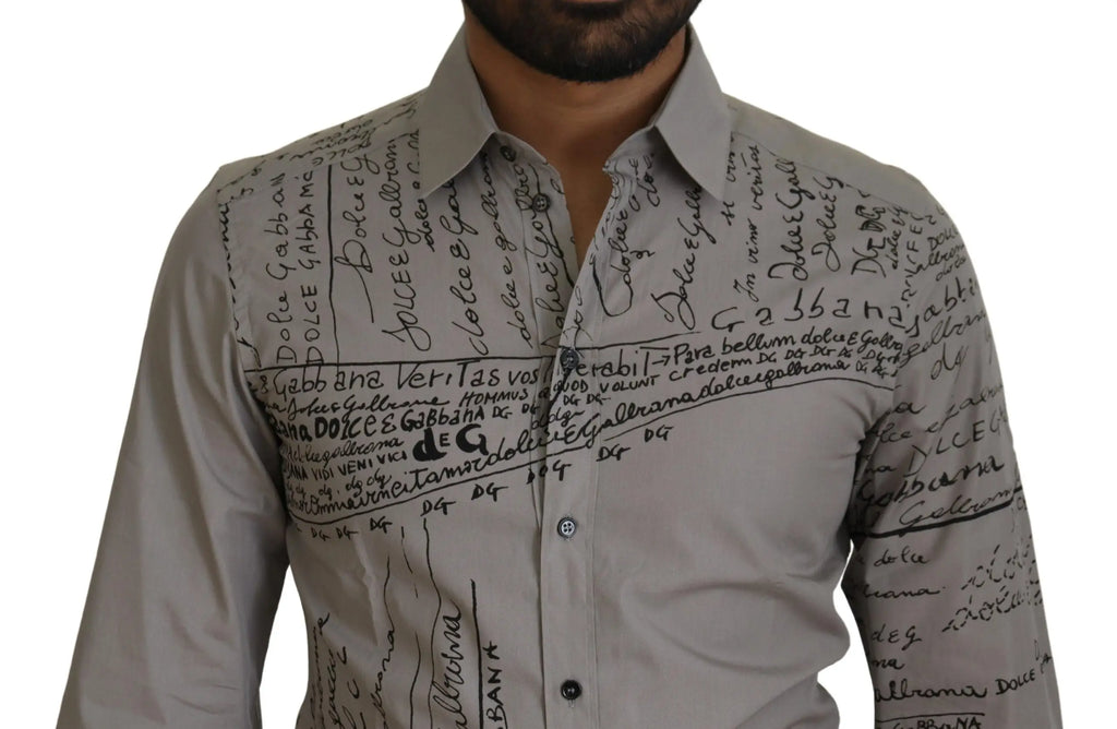 Chemise homme dolce & gabbana gris clair en coton slim avec motif manuscrit noir sur poitrine et manches