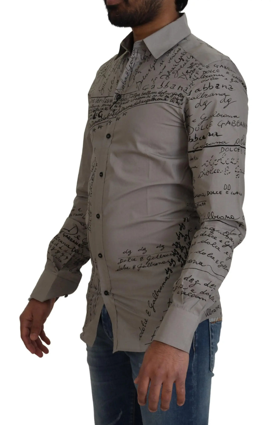 Chemise slim homme gris dolce gabbana en coton avec imprimé manuscrit noir et logo répété