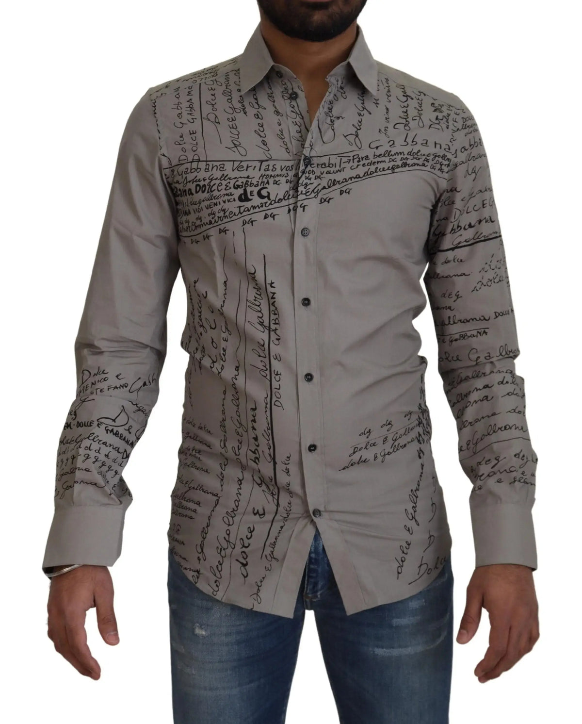 Chemise dolce & gabbana grise en coton slim avec texte manuscrit noir et logos signature pour homme