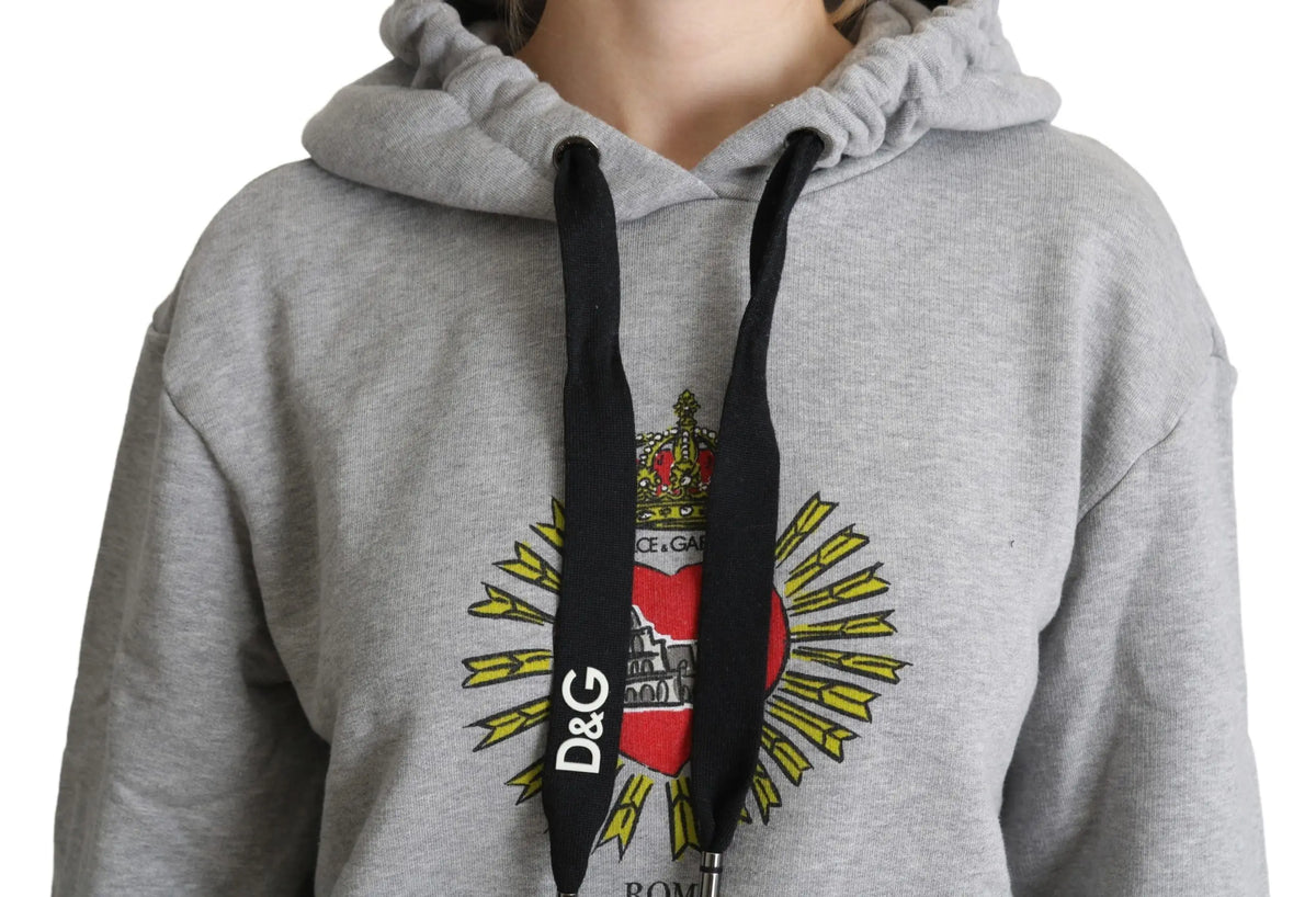Dolce & Gabbana sweat à capuche gris imprimé avec cordons noirs et emblème cœur rouge entouré de rayons jaunes