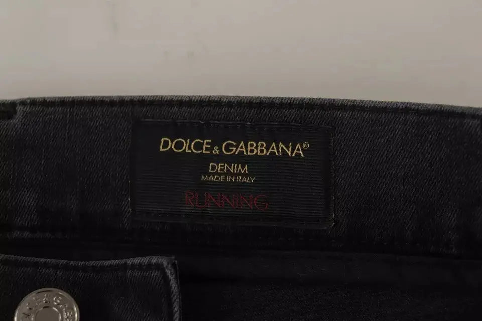 Ceinture de jean skinny gris dolce et gabbana en denim stretch avec étiquette noire en or et rouge vue arrière