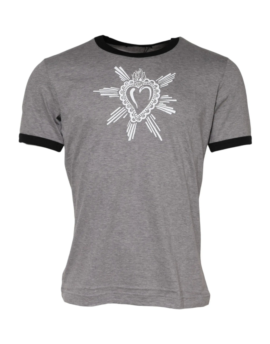 T-shirt dolce & gabbana gris à col rond en coton avec motif cœur sacré brodé blanc et bordures noires