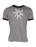 T-shirt dolce & gabbana gris à col rond en coton avec motif cœur sacré brodé blanc et bordures noires