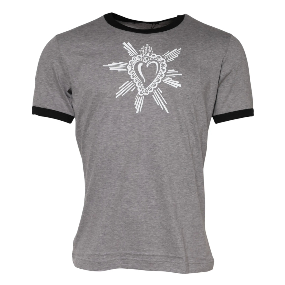 Dolce & gabbana t-shirt gris en coton avec col rond et cœur brodé blanc avec bordure noire style ringer