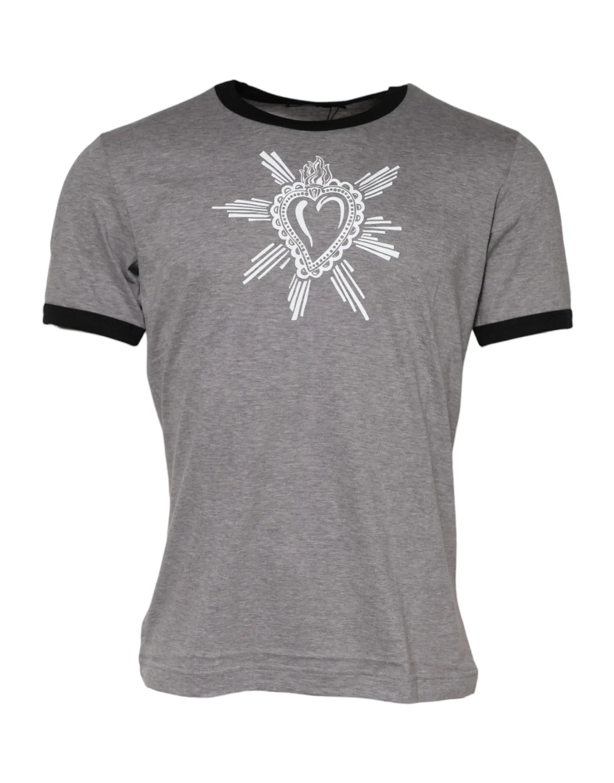 Dolce & gabbana t-shirt gris heathered en coton avec col ringer noir et broderie blanche cœur sacré