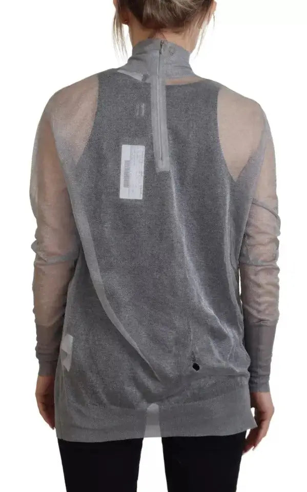 Dolce & gabbana pull col montant gris en maille transparente avec manches longues et motif texturé subtil