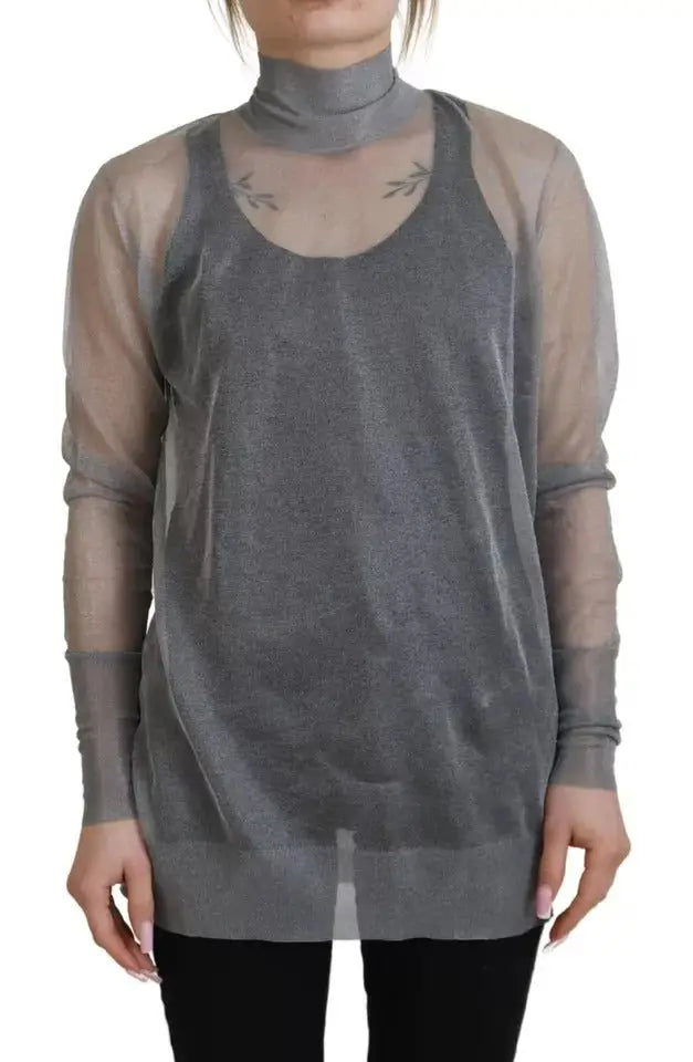 Dolce & gabbana pull à col roulé gris en maille fine avec corps en tricot gris uni et broderie feuille délicate au col