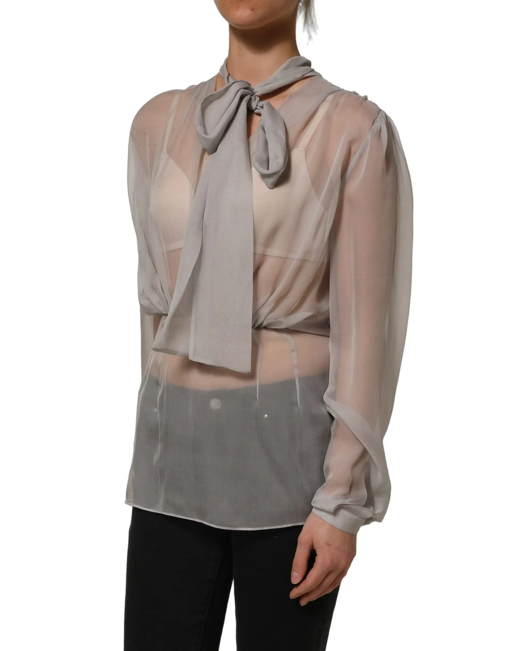Blouse dolce gabbana en chiffon de soie gris clair sheer avec col noué et manches longues