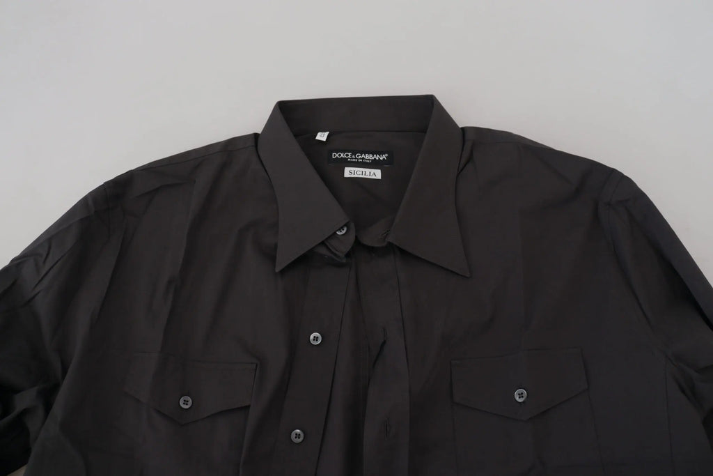 Chemise habillée dolce & gabbana gris sicilia slim fit en stretch avec col classique, poches poitrine et boutons argentés
