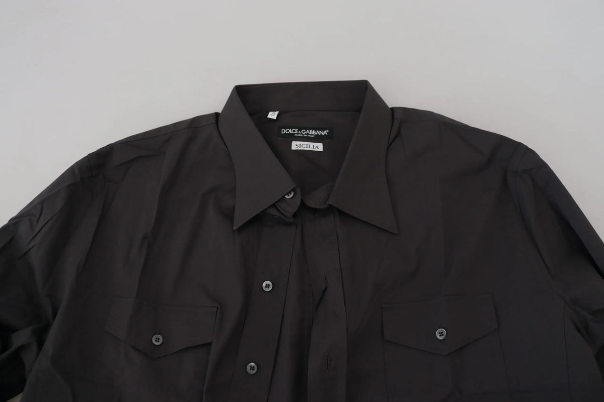 Chemise habillée dolce & gabbana gris sicilia slim fit en stretch avec col classique, poches poitrine et boutons argentés
