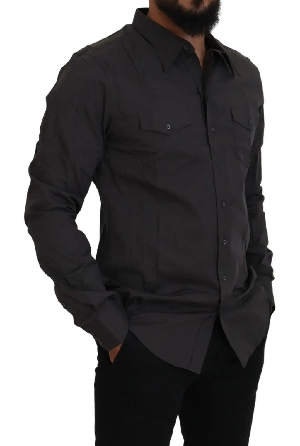 Chemise habillée dolce & gabbana gris sicilia slim fit stretch avec col classique et deux poches poitrine noires manches longues