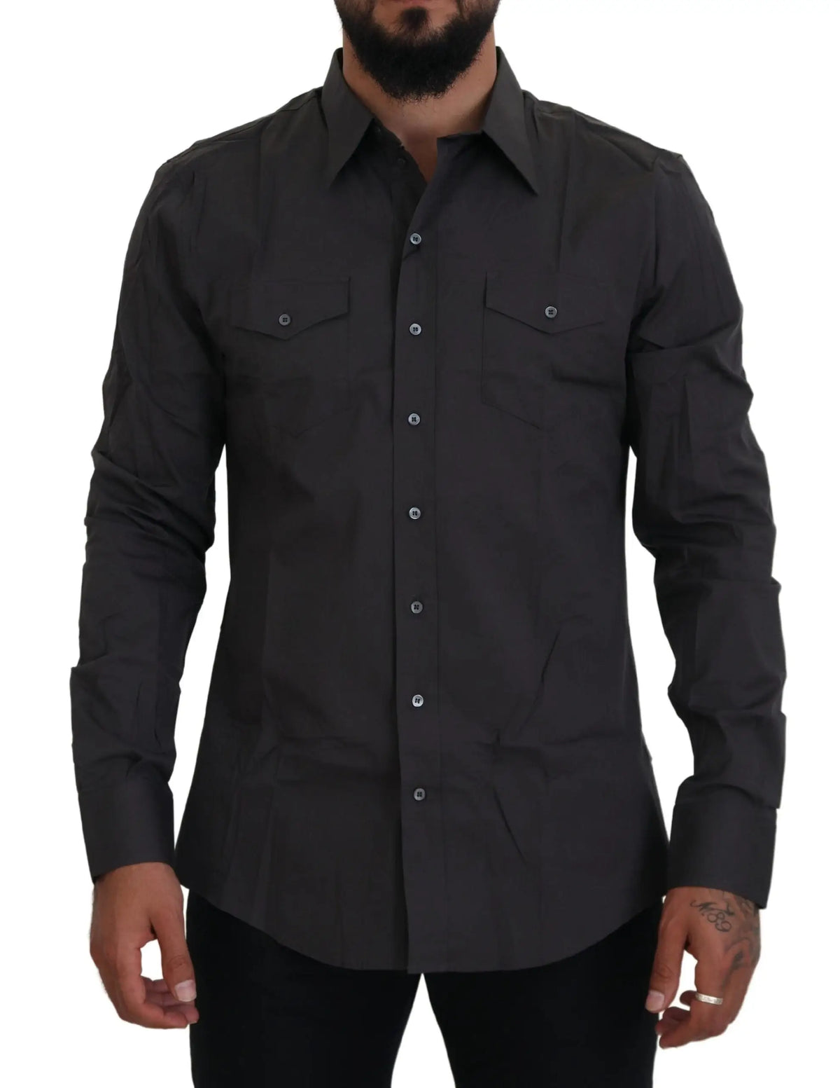Chemise slim fit stretch dolce & gabbana gris sicilia manches longues noire avec boutons argentés et poches poitrine