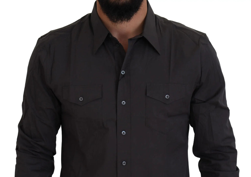 Chemise ajustée gris dolce & gabbana sicilia en tissu stretch avec manches longues boutons argentés et poches poitrine noir