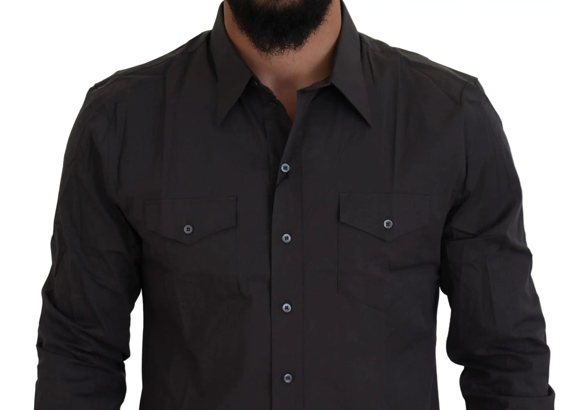 Chemise ajustée gris dolce & gabbana sicilia en tissu stretch avec manches longues boutons argentés et poches poitrine noir