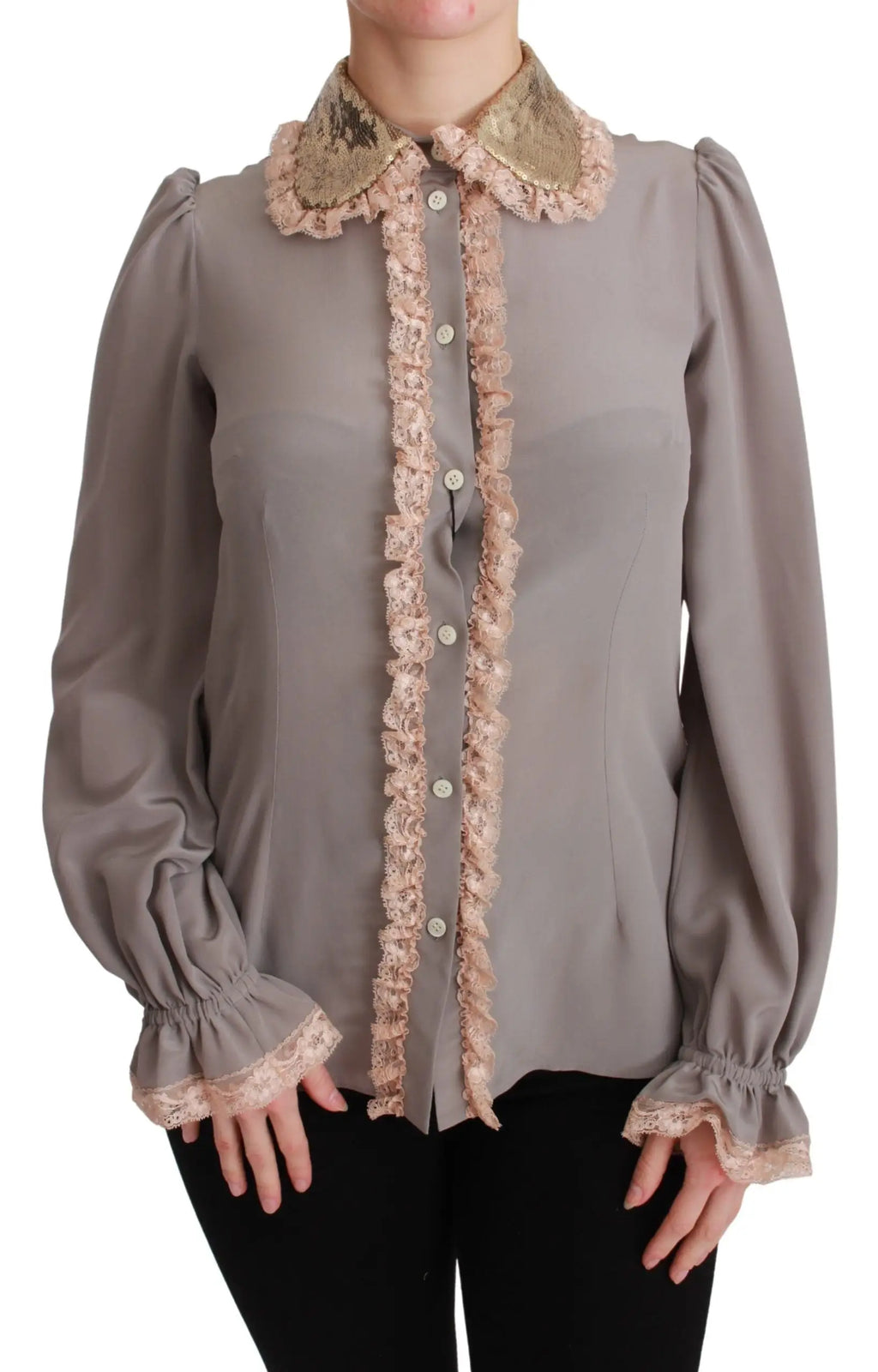 Blouse dolce & gabbana en soie grise avec dentelle pêche et sequins dorés col, patte de boutonnage et poignets volants