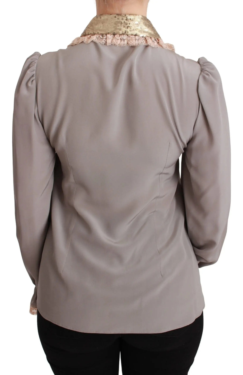 Blouse dolce gabbana grise en satin avec manches bouffantes et col en sequins dorés en soie et dentelle