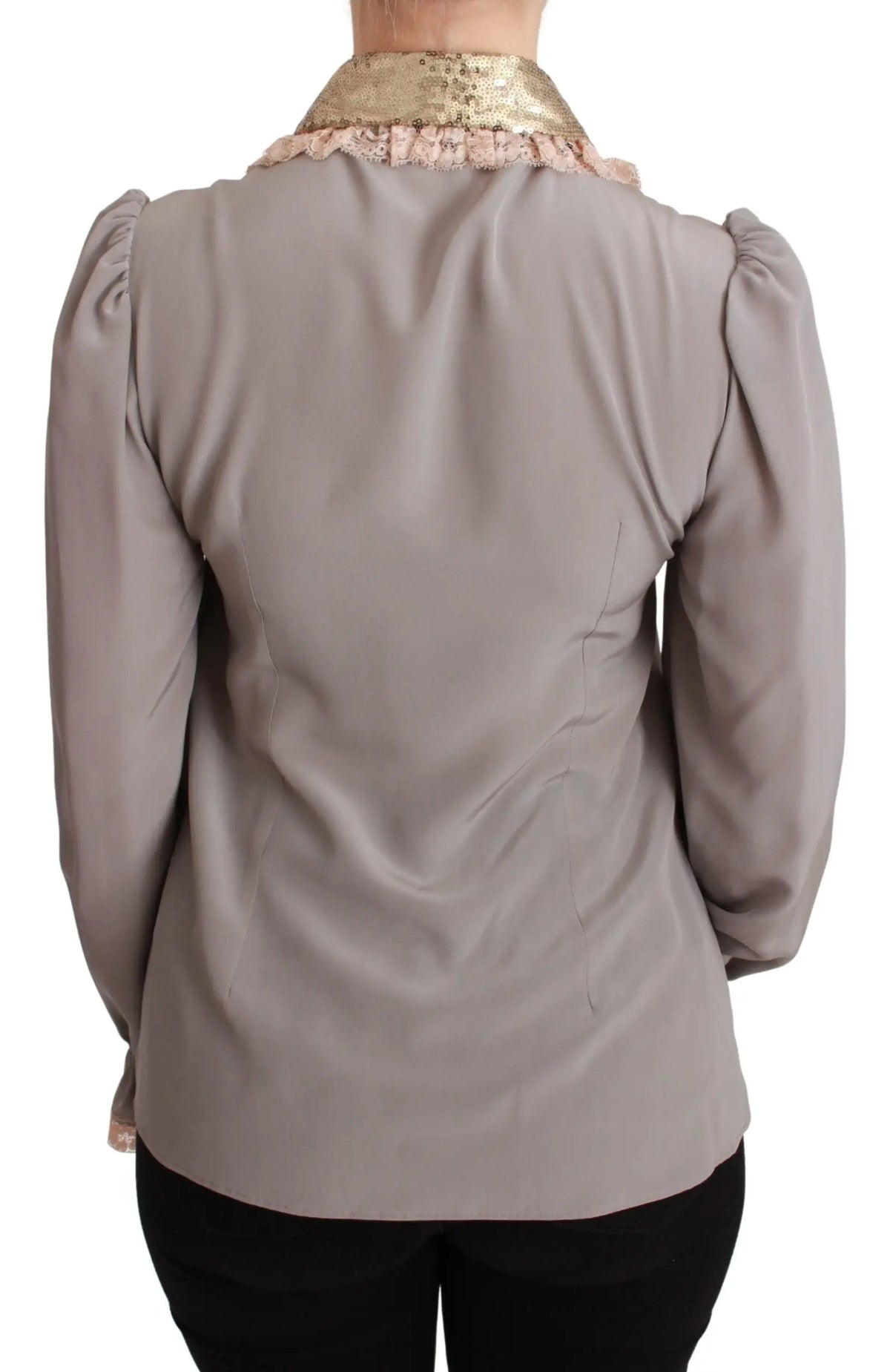 Blouse dolce gabbana grise en satin avec manches bouffantes et col en sequins dorés en soie et dentelle