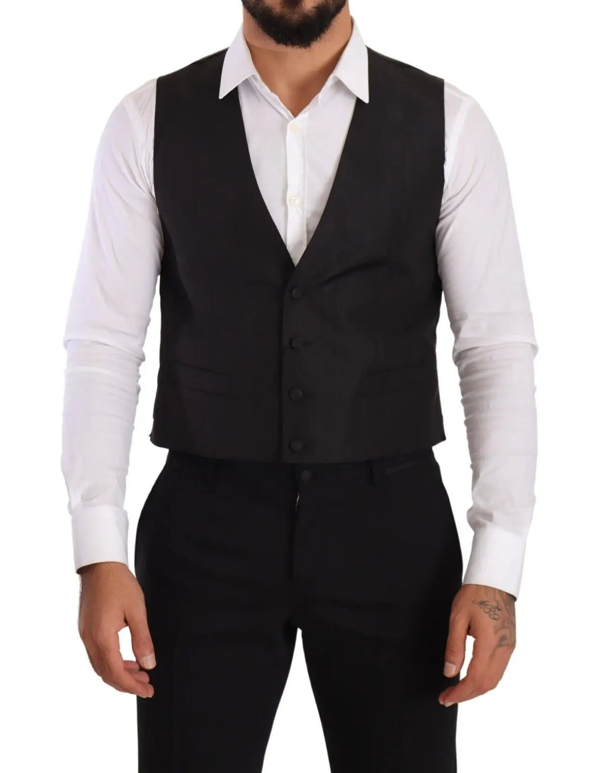Dolce gabbana gilet noir en soie gris slim fit avec coupe ajustée et fermeture à cinq boutons pour tenue formelle