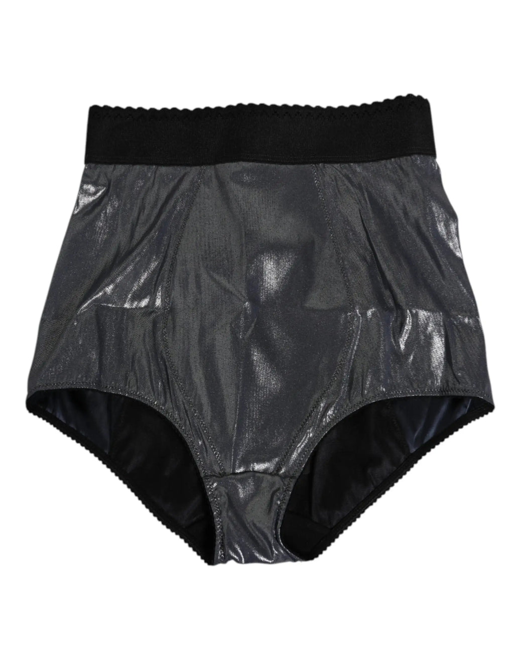 Slip short dolce & gabbana en soie grise extensible avec taille élastique festonnée noir métallique brillant