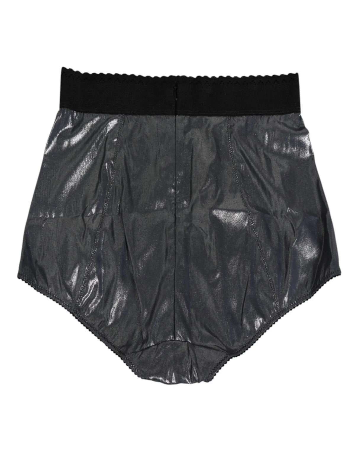 Short noir en cuir verni avec ceinture festonnée et bordure en dentelle pour le slip ceinture extensible en soie grise dolce gabbana