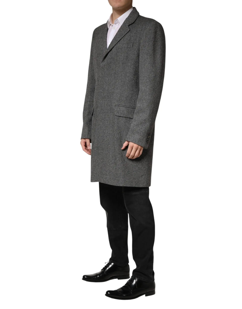 Dolce & gabbana manteau trench homme gris à chevrons en laine avec col cranté classique et deux poches devant