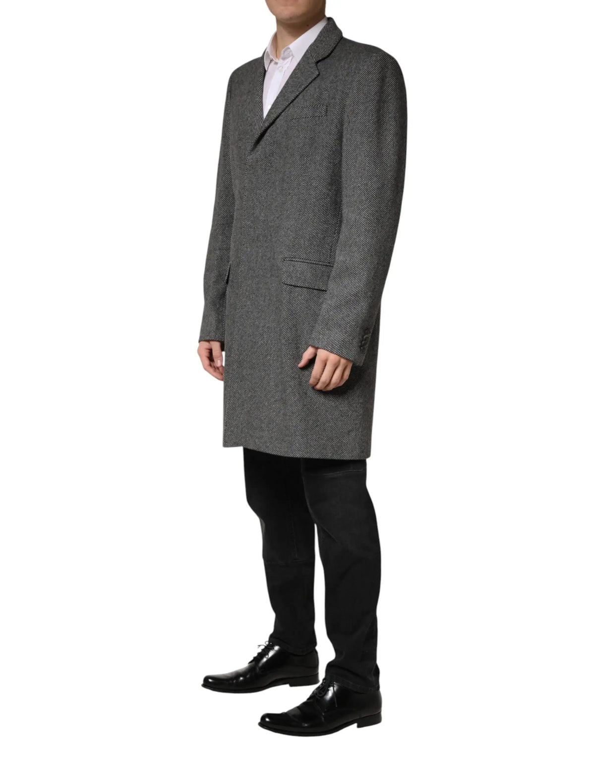 Dolce & gabbana manteau trench homme gris à chevrons en laine avec col cranté classique et deux poches devant