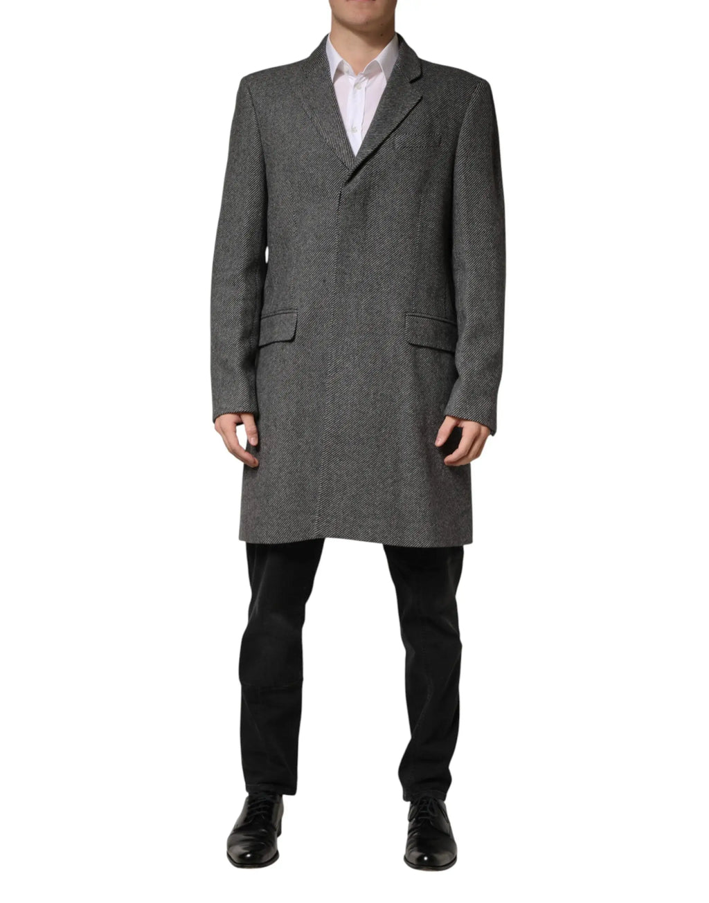 Dolce & Gabbana manteau trench homme gris en laine à chevrons simple boutonnage avec col cranté et poches à rabat