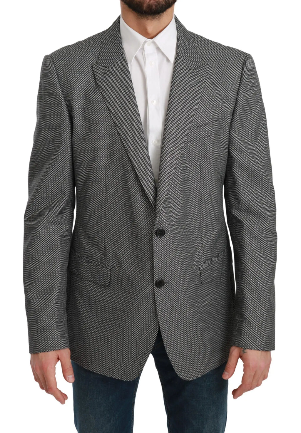 Dolce & Gabbana blazer gris slim fit en tissu texturé avec motif subtil et boutons noirs pour occasions formelles