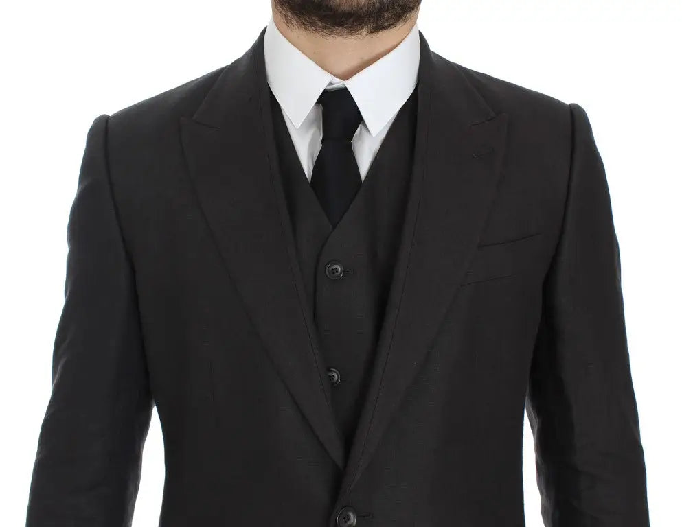Costume trois pièces noir dolce & gabbana avec veste structurée et gilet en mélange de laine lisse