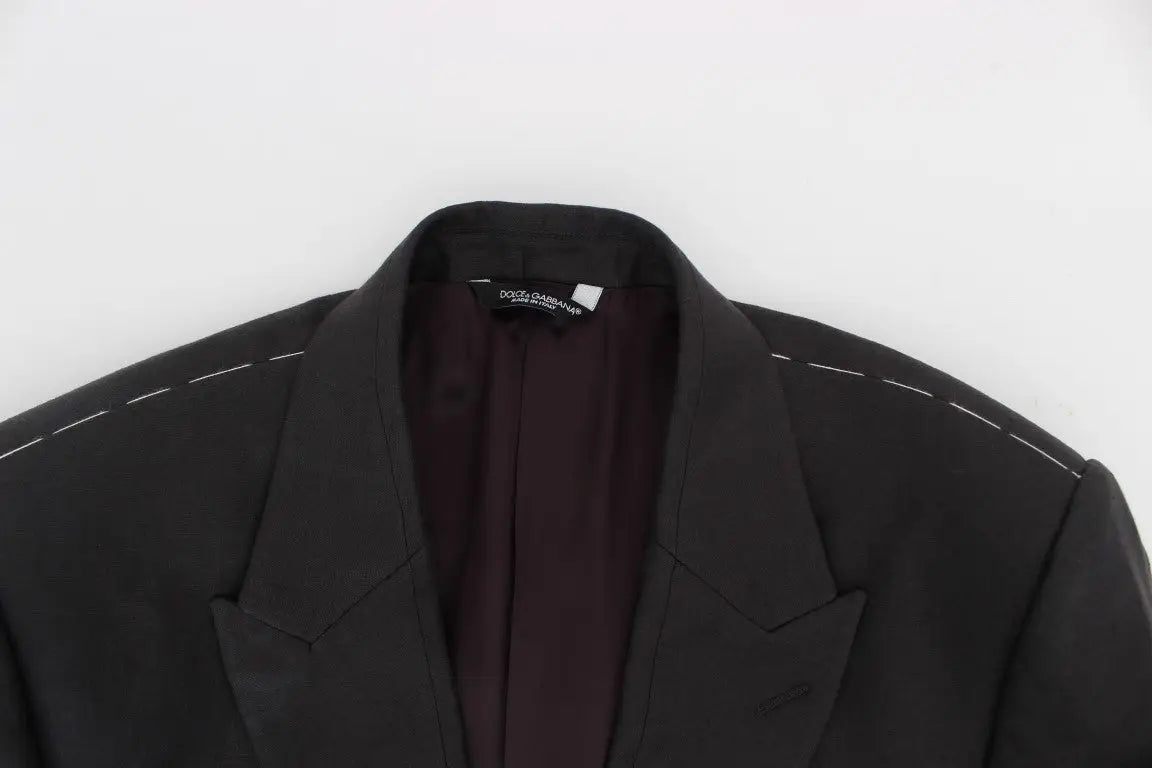 Dolce & gabbana blazer gris slim fit en lin avec surpiqûres blanches contrastantes et doublure bordeaux foncé