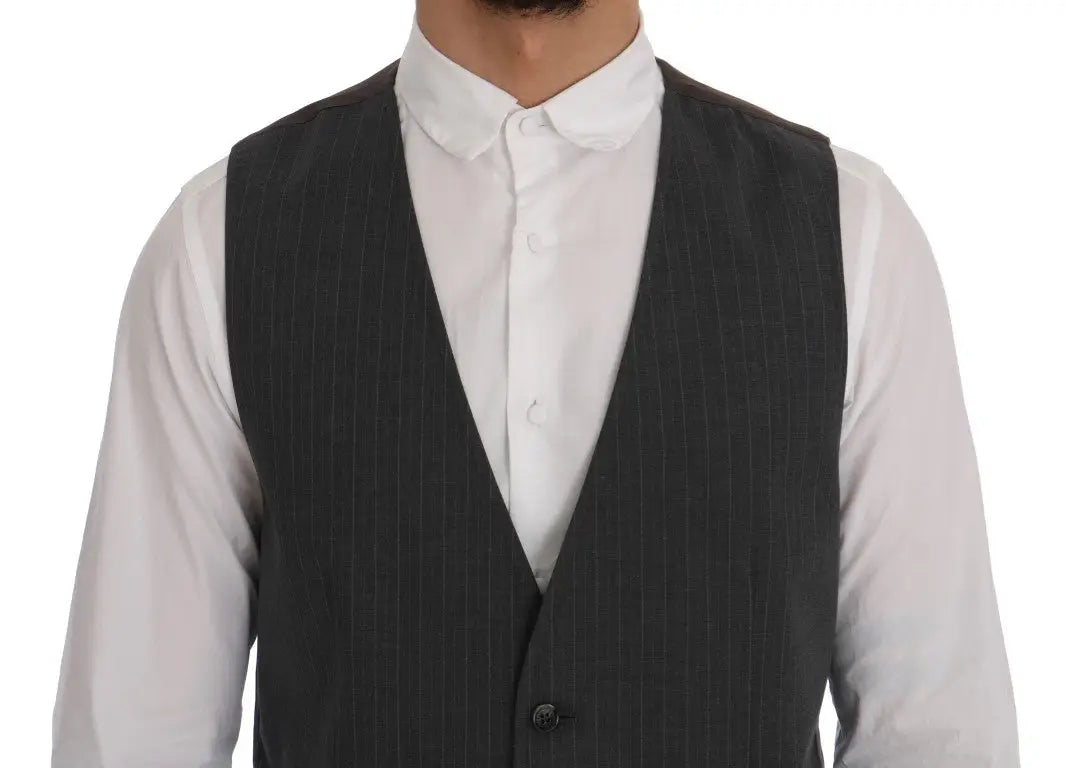 Dolce & gabbana gray staff cotton striped vest en laine gris foncé à rayures avec fermeture à un bouton