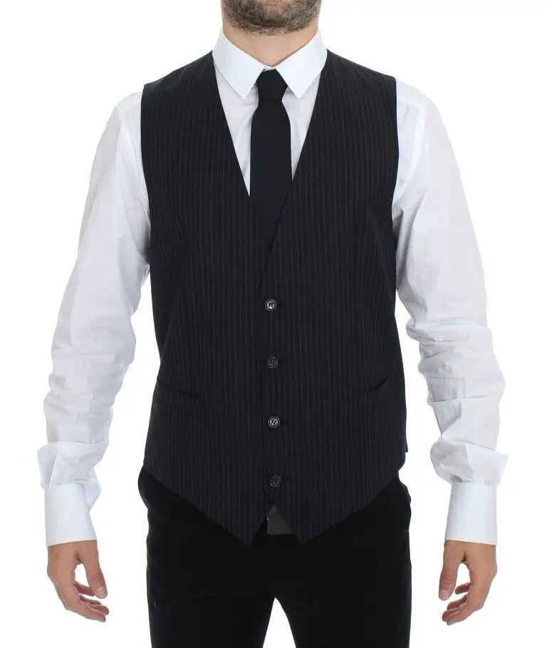 Dolce & gabbana gilet de costume gris en laine stretch avec cinq boutons et deux poches avant à rayures noires