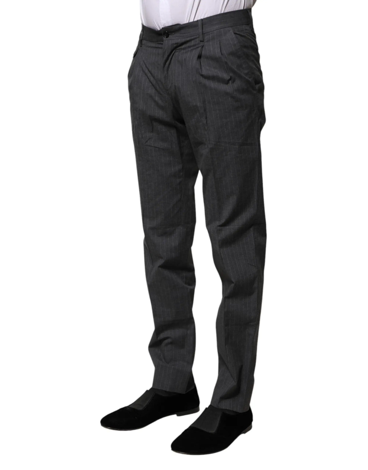 Pantalon formel dolce & gabbana gris en coton à rayures avec tissage texturé subtil et pli avant classique